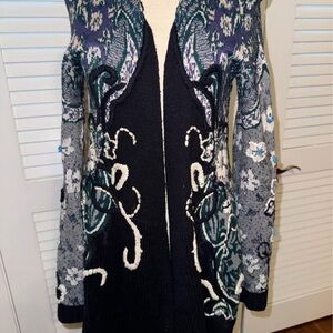 Anthropologie Blue and Purple Cardigan with Intricate Embroidery